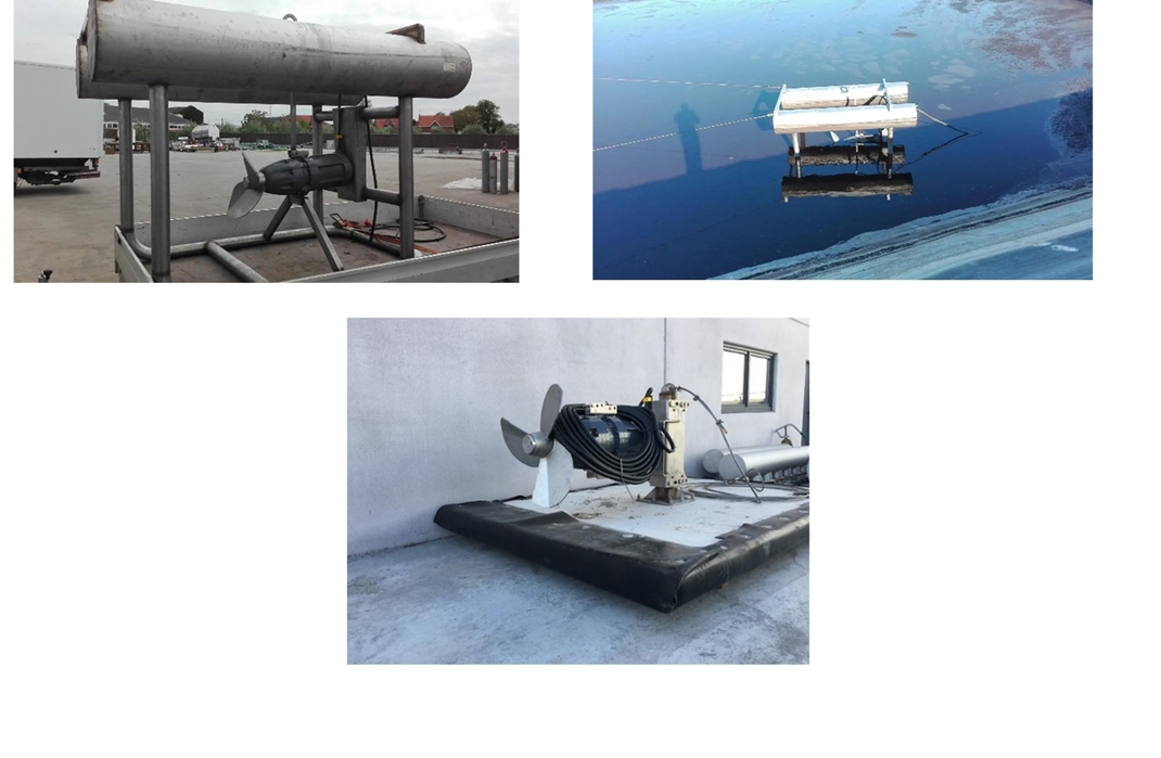 Dompelmixer op vlotter (bovenaan) en dompelmixer op betonplaat (onderaan)